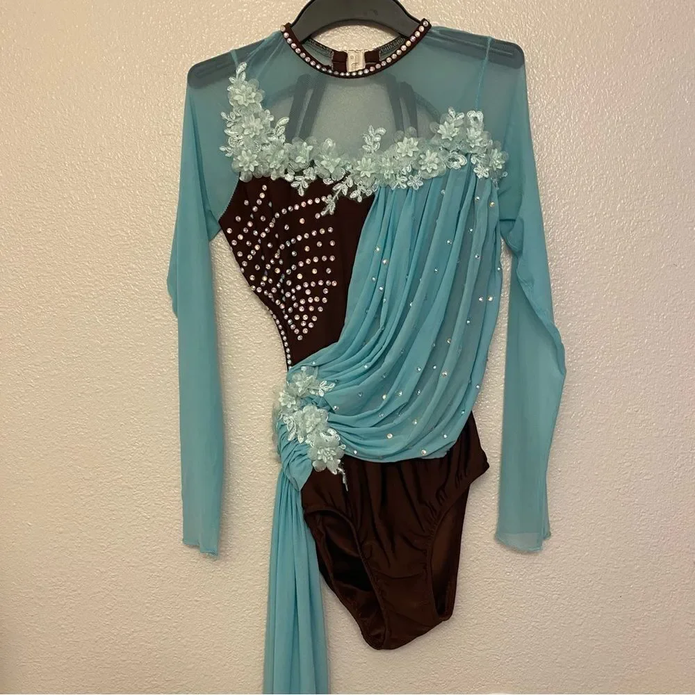 Glamour solo dance costume stoned brown aqua blue lyrical dress MA-Medium adult